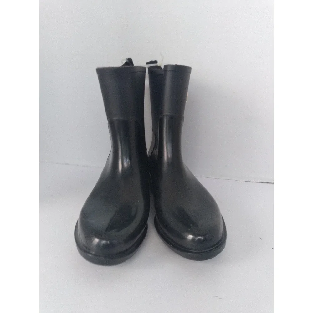 Tommy Hilfiger Womens Black Rubber Rain Boots Gold Logo Mid Calf Block Heel‎